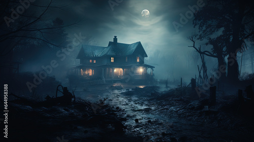 A very dark mystical house with lights in the light of the full moon on Halloween night