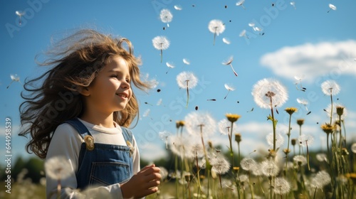 Little girl blowing dandelions, seeds dispersing in the wind, in an open field.