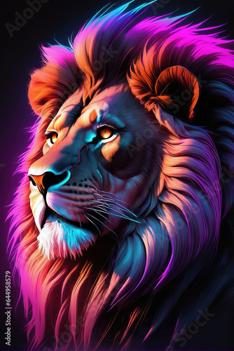 Portrait of Lion in cyberpunk aesthetic  colorful neon lightning