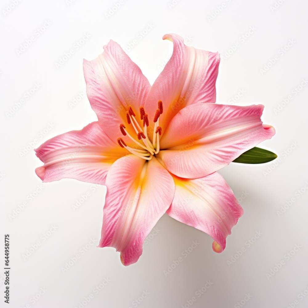 One Lily flower isolated on white background, top view. Floral flowers pattern. One Lily flower isolated on white background, top view. Floral flowers pattern.