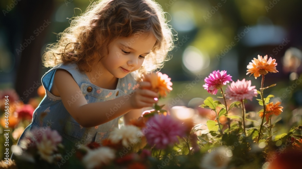 Little girl picking fresh, colorful flowers in a sunlit meadow. Little girl picking fresh, colorful flowers in a sunlit meadow.