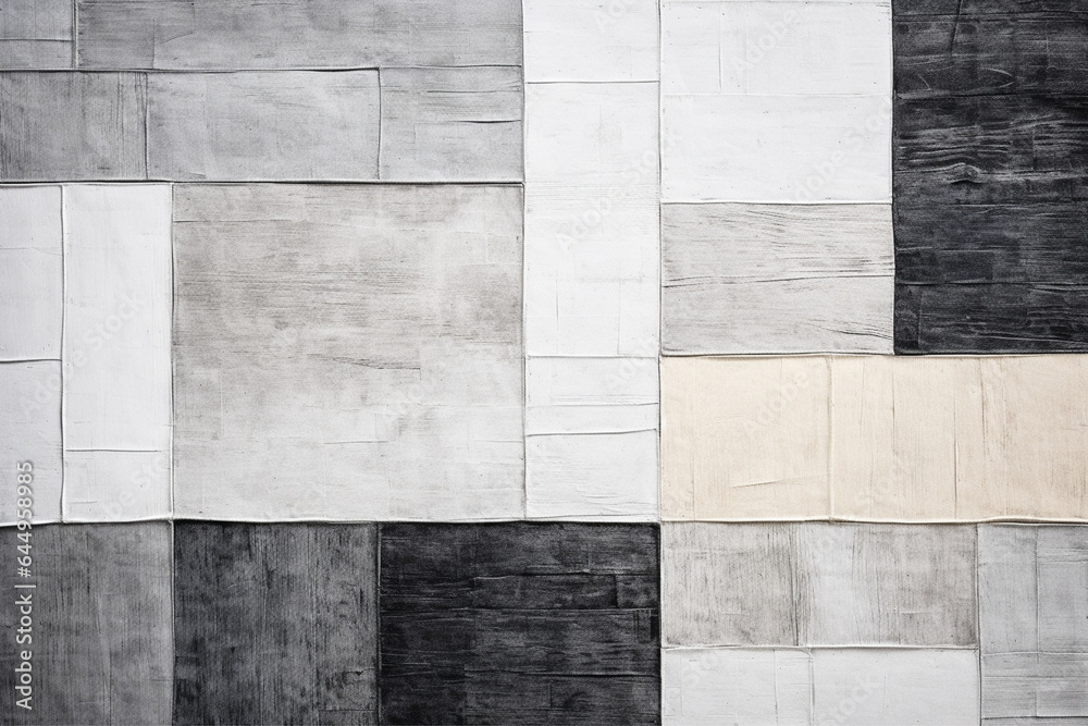 Fototapeta premium Abstract artwork of geometric patchwork of wooden, gray and black color background, 3D illustration.