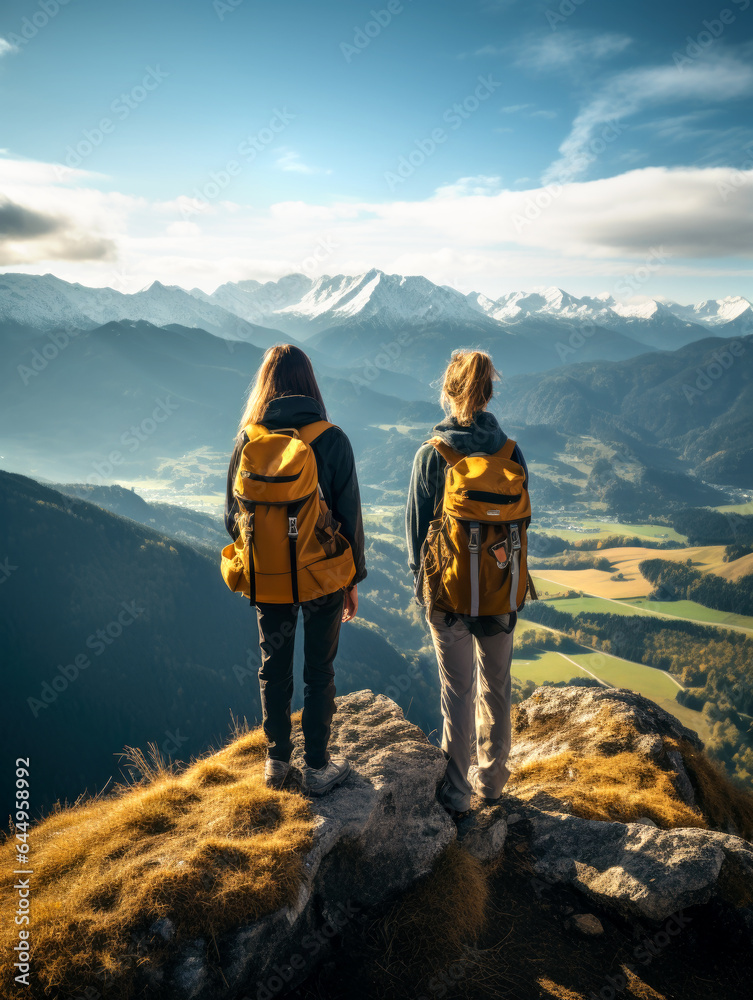 Happy female hikers are standing with open arms in mountains and looks at glacier. AI Generated