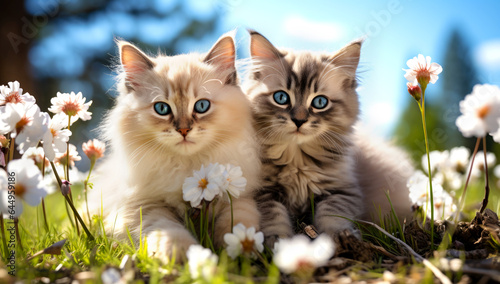 Two kittens lying together on green grass under autumn leaf. AI Generated © millenius