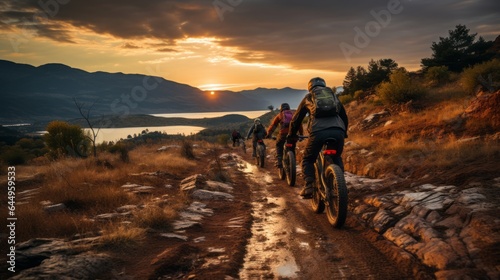 Young Bikers Exploring Mountains at Sunset