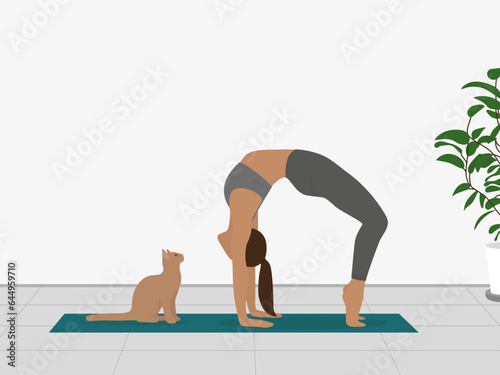 Female character in a sports uniform and a cat on a sports mat