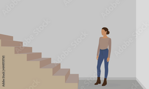 Female character stands in front of stairs indoors
