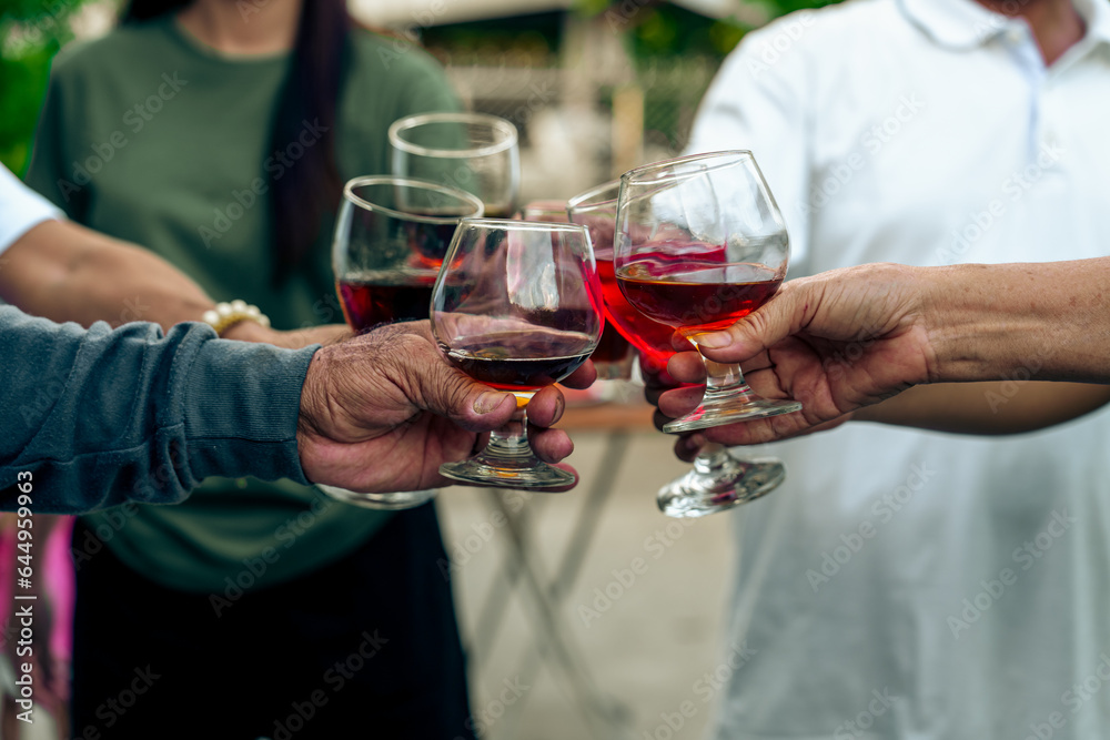 Home Garden BBQ Party, Wine Glasses Clink in Family Toast, enjoying harvest time together outside at front of house, grandfather and grandfather asian people, man and woman Home Garden BBQ Party, Wine Glasses Clink in Family Toast, enjoying harvest time together outside at front of house, grandfather and grandfather asian people, man and woman