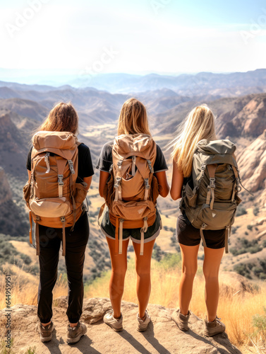 Three happy female hikers are standing with open arms in mountains and looks at glacier. AI Generated