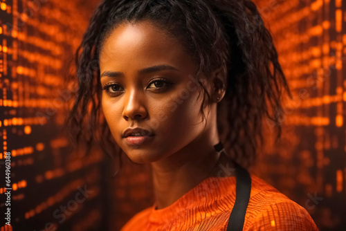 Female face with orange binary code background