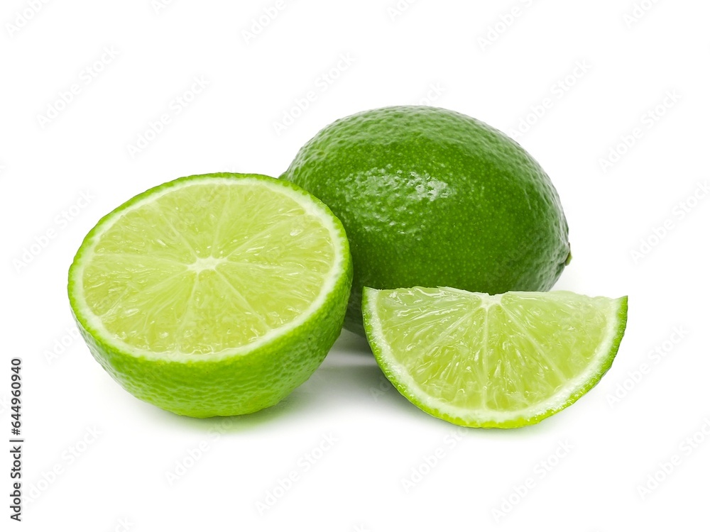 Fresh green lemons and lime leaves placed on a white background. Fresh green lemons and lime leaves placed on a white background.