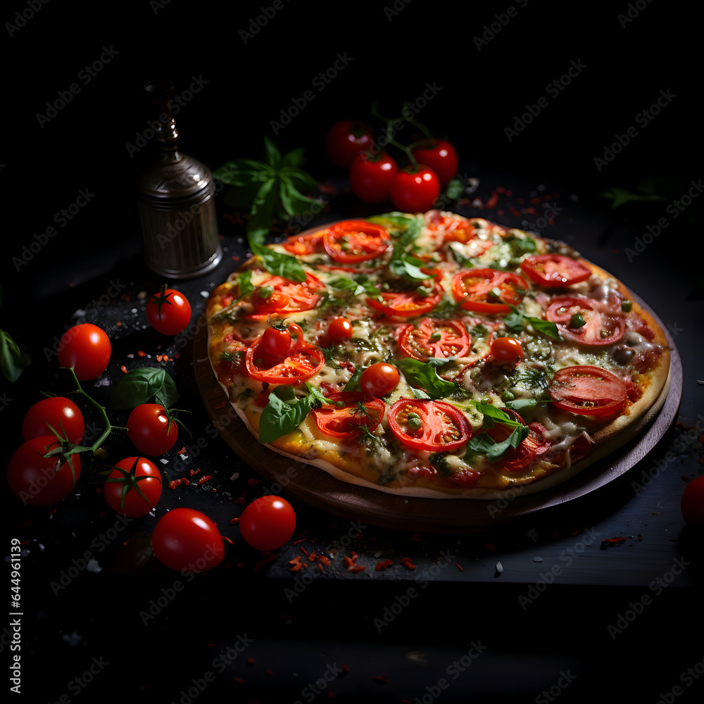 Vegetable pizza with cheese and tomatoes. High resolution