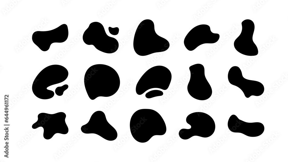 Abstract organic black fluid blobs irregular shapes set of collection for speech bubbles. Liquid shapes, round abstract elements. Simple blotch water forms. Vector illustration on white bg. Abstract organic black fluid blobs irregular shapes set of collection for speech bubbles. Liquid shapes, round abstract elements. Simple blotch water forms. Vector illustration on white bg.