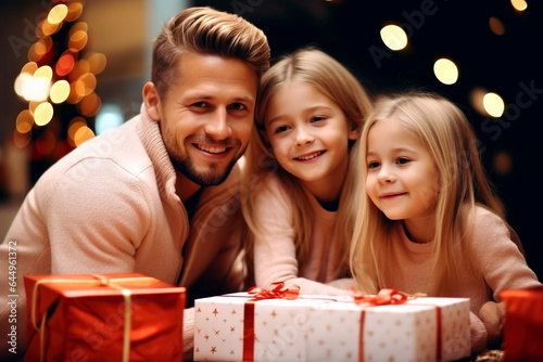 Lovely family opening their gifts. They enjoy the warm Christmas atmosphere. AI Generated