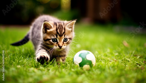 Cute little kitten playing soccer. AI Generated
