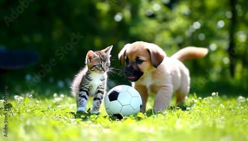 Puppy playing with a kitten on the lawn of dandelions. AI Generated © millenius