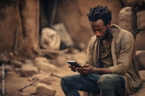 young african refugee in a poor area of africa with a smartphone in his hands
