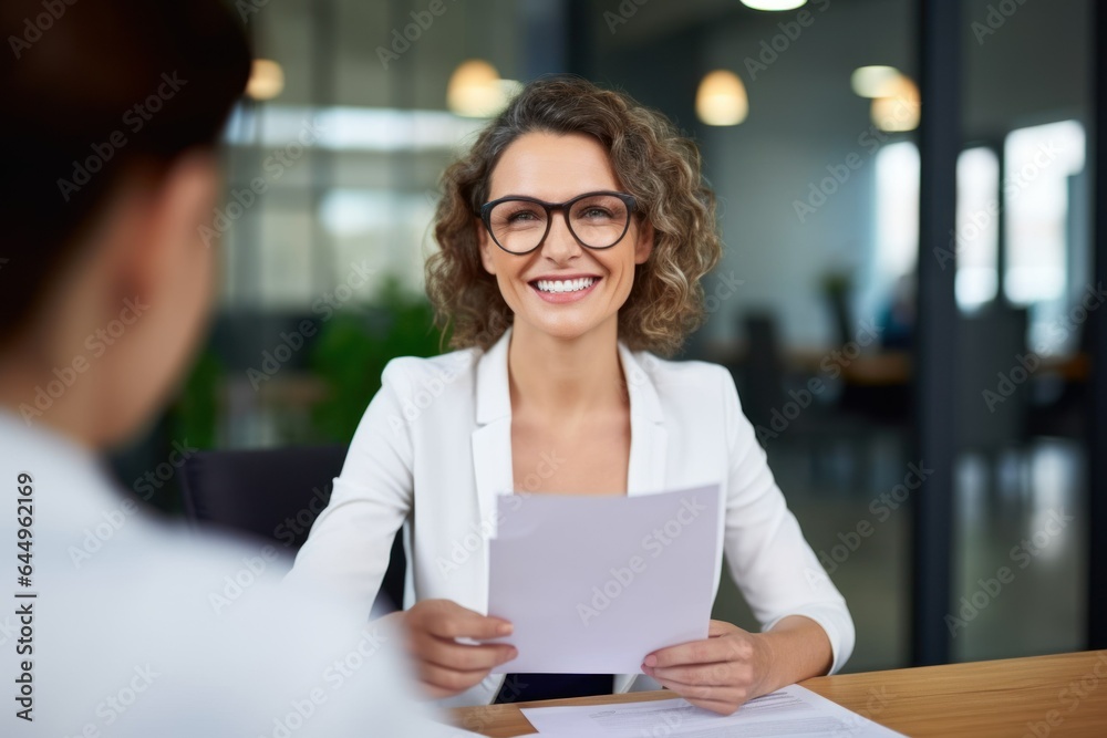 business lady with document smiling in office, interview