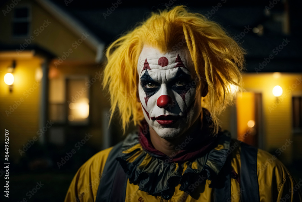 Creepy Helloween horror clown standing in front of the house with night lights and waiting Creepy Helloween horror clown standing in front of the house with night lights and waiting