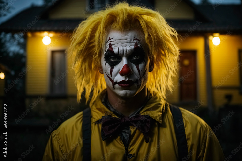 Creepy Helloween horror clown standing in front of the house with night lights and waiting