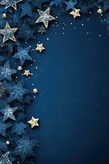 Blue Christmas background with snowflakes, stars and empty space. Copy space for your text. Merry Xmas, Happy New Year. Vertical festive backdrop. 