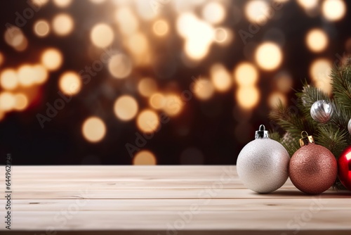 Empty wooden table top with Christmas decoration, bokeh lights. Copy space for your object, product presentation. Display, promotion, advertising. Festive empty scene. Merry X-mas. 
