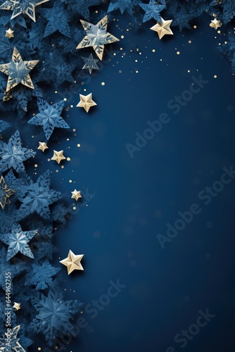 Blue Christmas background with snowflakes, stars and empty space. Copy space for your text. Merry Xmas, Happy New Year. Vertical festive backdrop. 