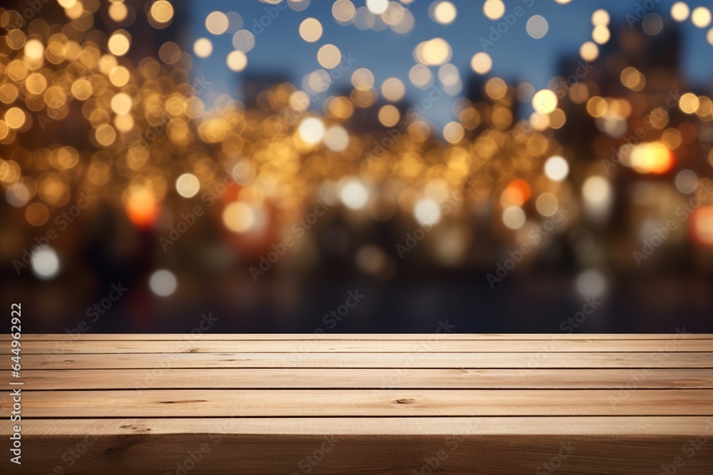 Empty wooden table top with bokeh lights. Copy space for your object, product presentation. Display, promotion, advertising. Festive empty scene. Merry Christmas, Happy New Year Empty wooden table top with bokeh lights. Copy space for your object, product presentation. Display, promotion, advertising. Festive empty scene. Merry Christmas, Happy New Year