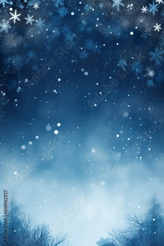 Blue Christmas background with snowflakes and empty space. Copy space for your text. Merry Xmas, Happy New Year. Vertical festive backdrop. 