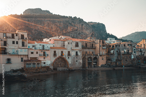 Old Italian houses at the Waterfront of cefalu beach. Sicily
