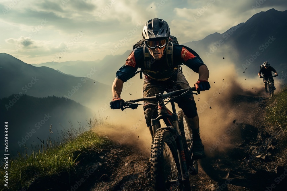 Fototapeta premium Mountain biking adventure in rugged terrain. Conquer challenging trails with a mountain bike amidst breathtaking mountain landscapes. 'generative AI'