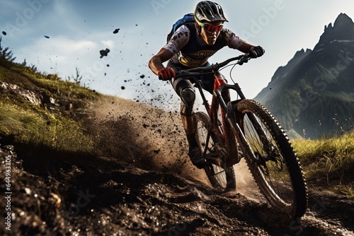Mountain biking adventure in rugged terrain. Conquer challenging trails with a mountain bike amidst breathtaking mountain landscapes. 'generative AI' © ballabeyla