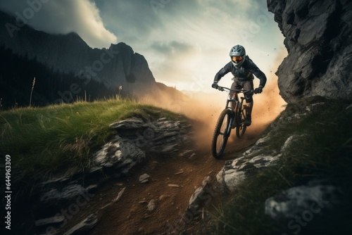 Mountain biking adventure in rugged terrain. Conquer challenging trails with a mountain bike amidst breathtaking mountain landscapes. 'generative AI' 