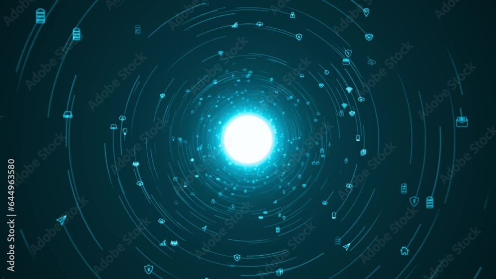 Motion graphic of Blue technology icons floating rotation in circle like in space with abstract background Motion graphic of Blue technology icons floating rotation in circle like in space with abstract background