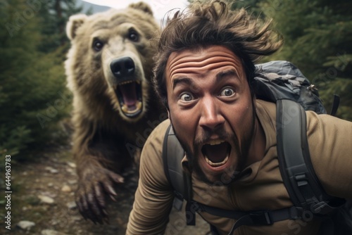 Fleeing Man Taking a Selfie with a Bear in Pursuit.