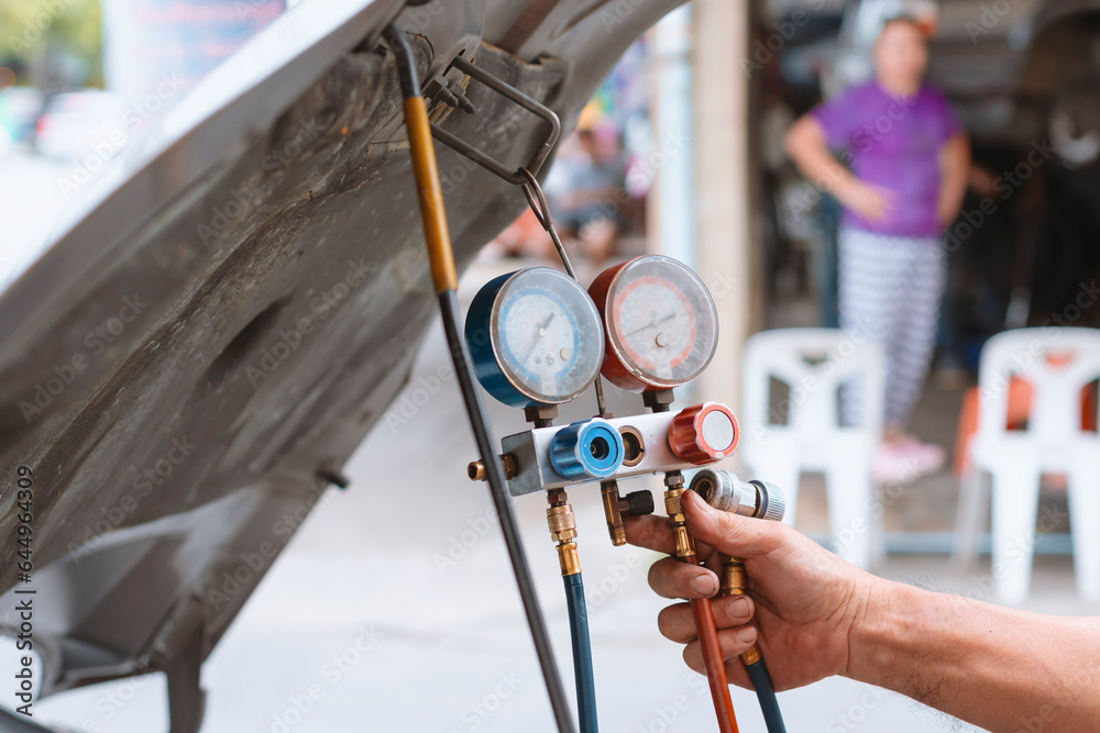 fix car air conditioner with engineering, Car AC Systems Stock Photo