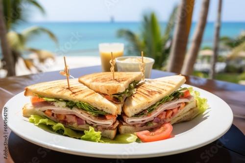 Fototapeta Naklejka Na Ścianę i Meble -  Club sandwiches in a outdoor beach restaurant food setting
