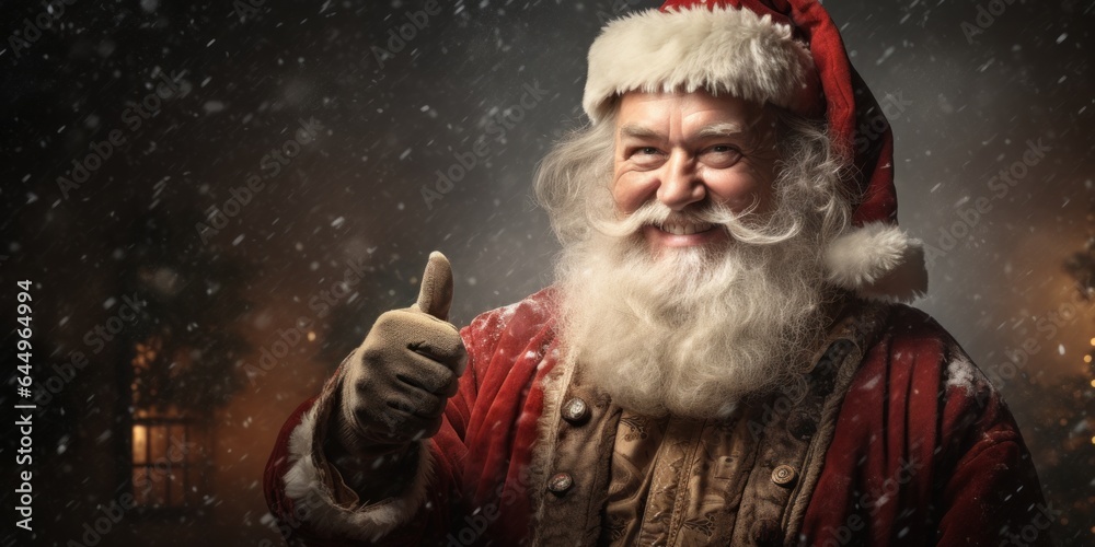 Cute smiling Santa showing thump up, festive evening background. Cute smiling Santa showing thump up, festive evening background.
