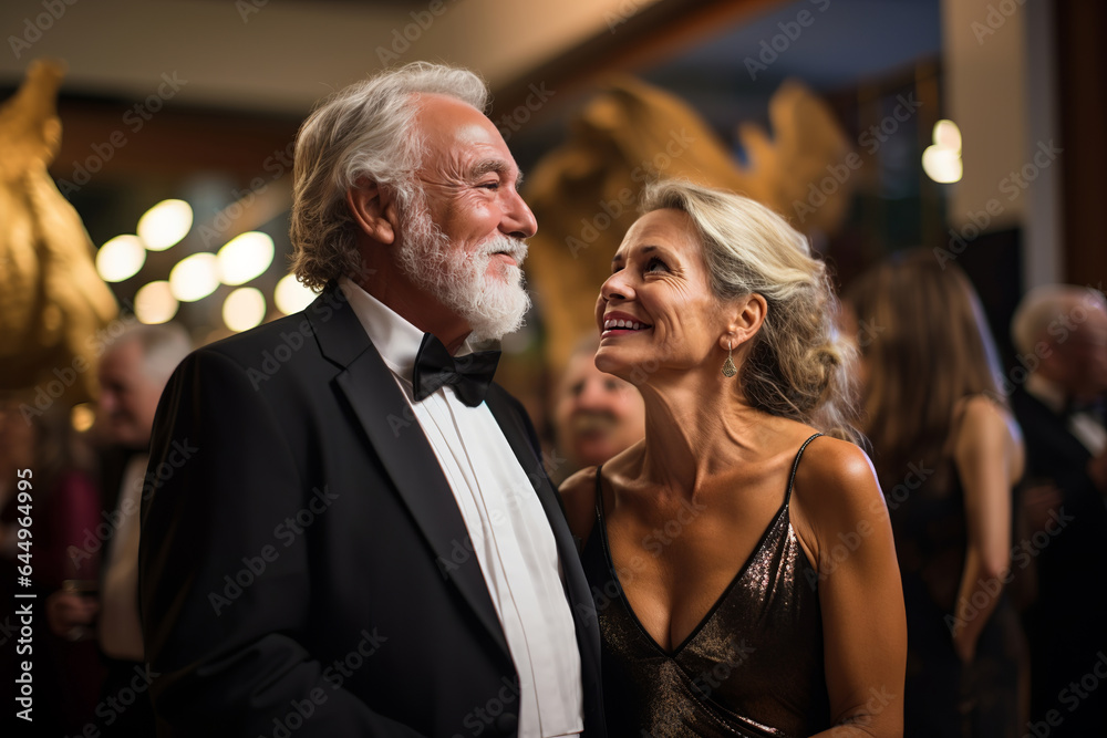 Man and woman at an upscale charity gala engage