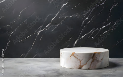 White Circle marble podium stand for product presentation on black minimal background. concept scene stage showcase for new product, promotion sale, banner, presentation, cosmetic, copy space