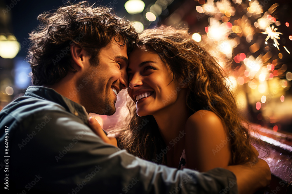 Man and a woman on the balcony at night enjoying fireworks Man and a woman on the balcony at night enjoying fireworks