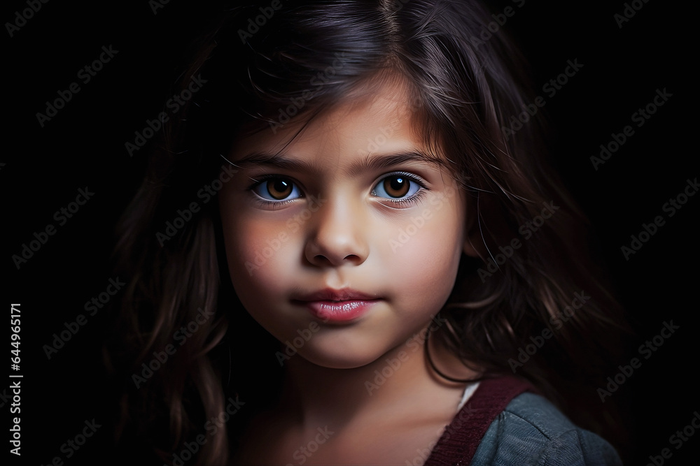 Portrait of a mixed little girl with dark curly hair in dark background, studio lighting, close-up shot, indoor professional photography, Asian and Caucasian, generative ai Portrait of a mixed little girl with dark curly hair in dark background, studio lighting, close-up shot, indoor professional photography, Asian and Caucasian, generative ai