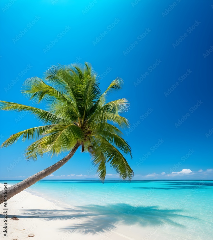 Coconut tree on white sand beach with turquoise water and beautiful clear blue sky