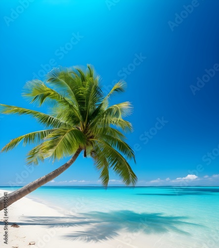 Coconut tree on white sand beach with turquoise water and beautiful clear blue sky
