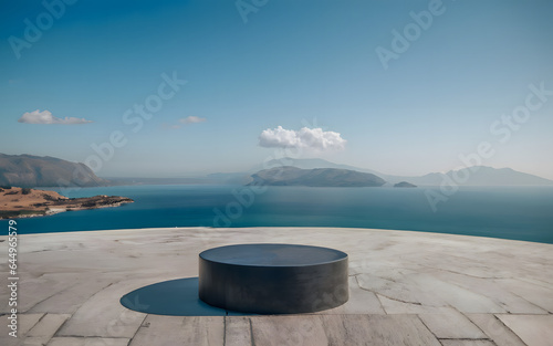 Empty black round podium stone platform with sea island on blue sky background for product display presentation