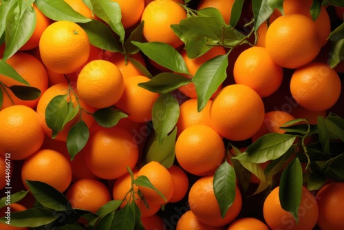 Composition of fresh orange fruits with leaves as background, top view photo