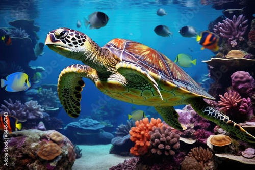 Big turtle with group of colorful fish and sea animals with colorful coral underwater in ocean