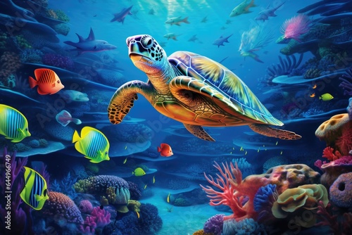 Underwater world. Corals. Turtle. Depth. image for 3d floor. Dive into the underwater world. © Hope
