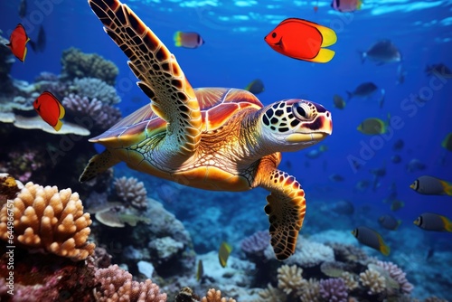 Image for 3d floor. Underwater world. Turtle swimming around colorful fishes and corals.