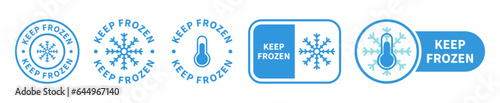 Keep frozen label. Keep frozen - badges for product. Sticker with snowflake and thermometer. Store in the freezer. Vector set